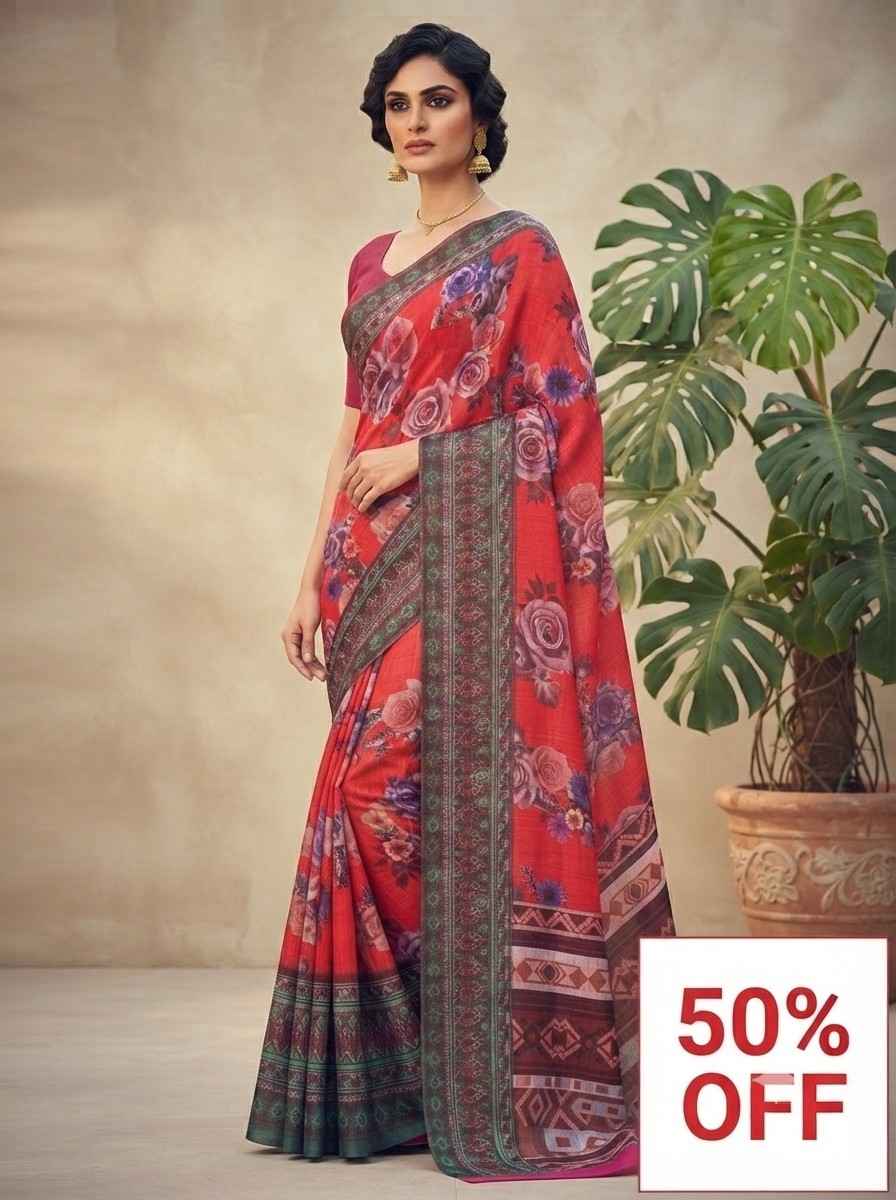 102. Digital Print Red Saree
