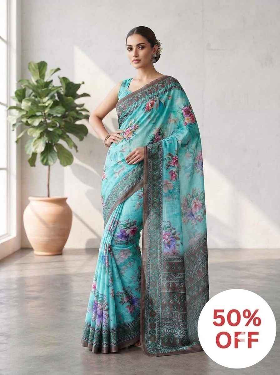 112. Sky Blue Digital Print Saree