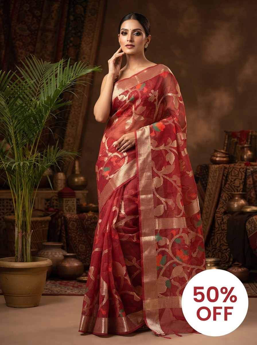 128. Premium Red Muslin Saree