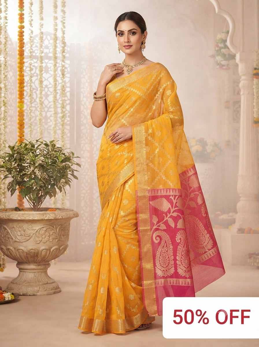 124. Yellow Muslin Saree