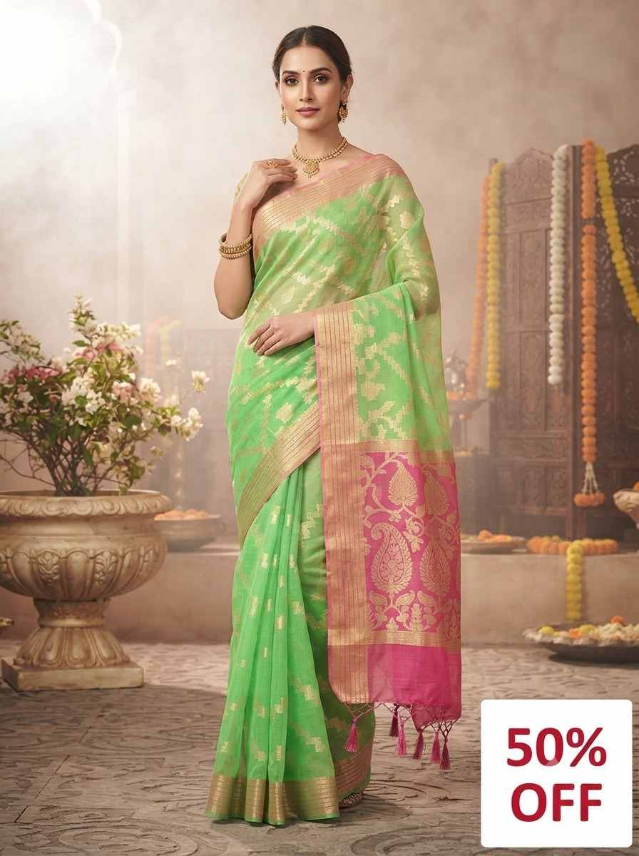 129. Green Muslin Saree