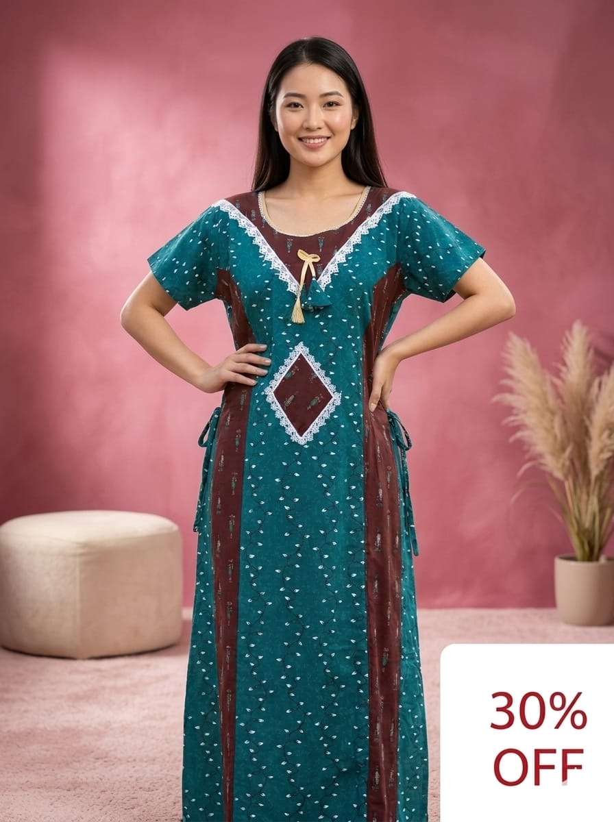 16. Premium Cotton Neckwork Nighty- Free Size